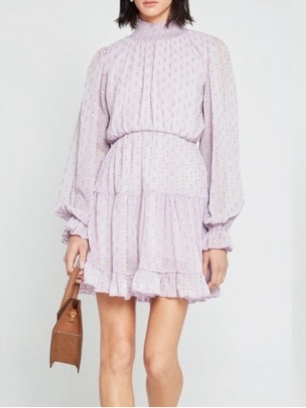 O.P.T NWT lavender long sleeve ruffled mini dress gold metallic polka dot design